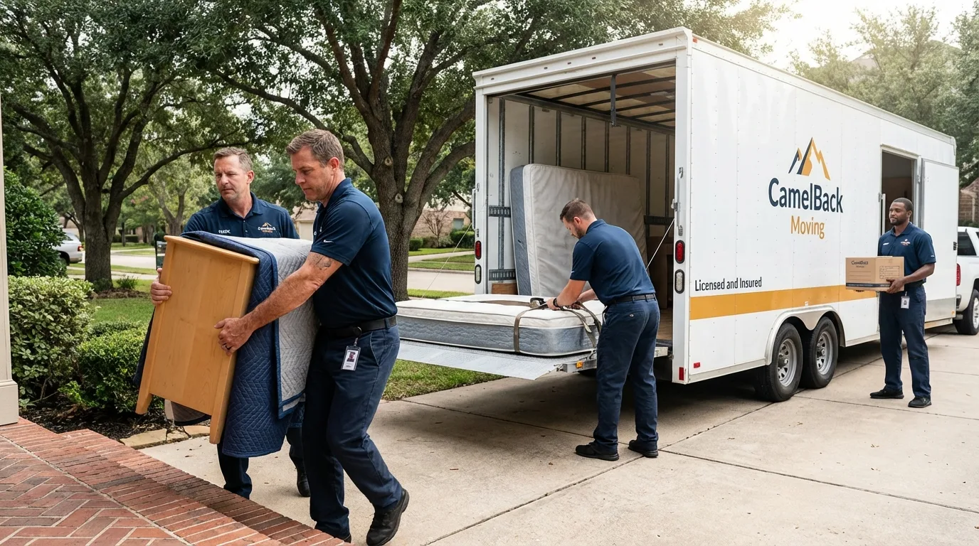 Crew loading residential truck for cross-state move from Roanoke, IN