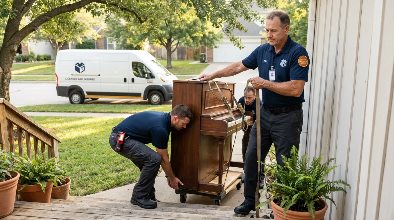 Licensed piano movers securing grand piano in Roanoke, IN