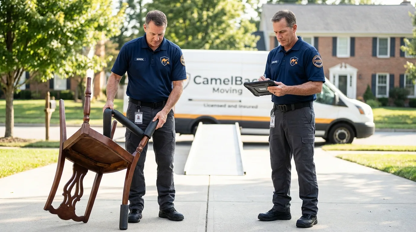 Movers inspecting furniture for damage prevention before loading in Roanoke, IN