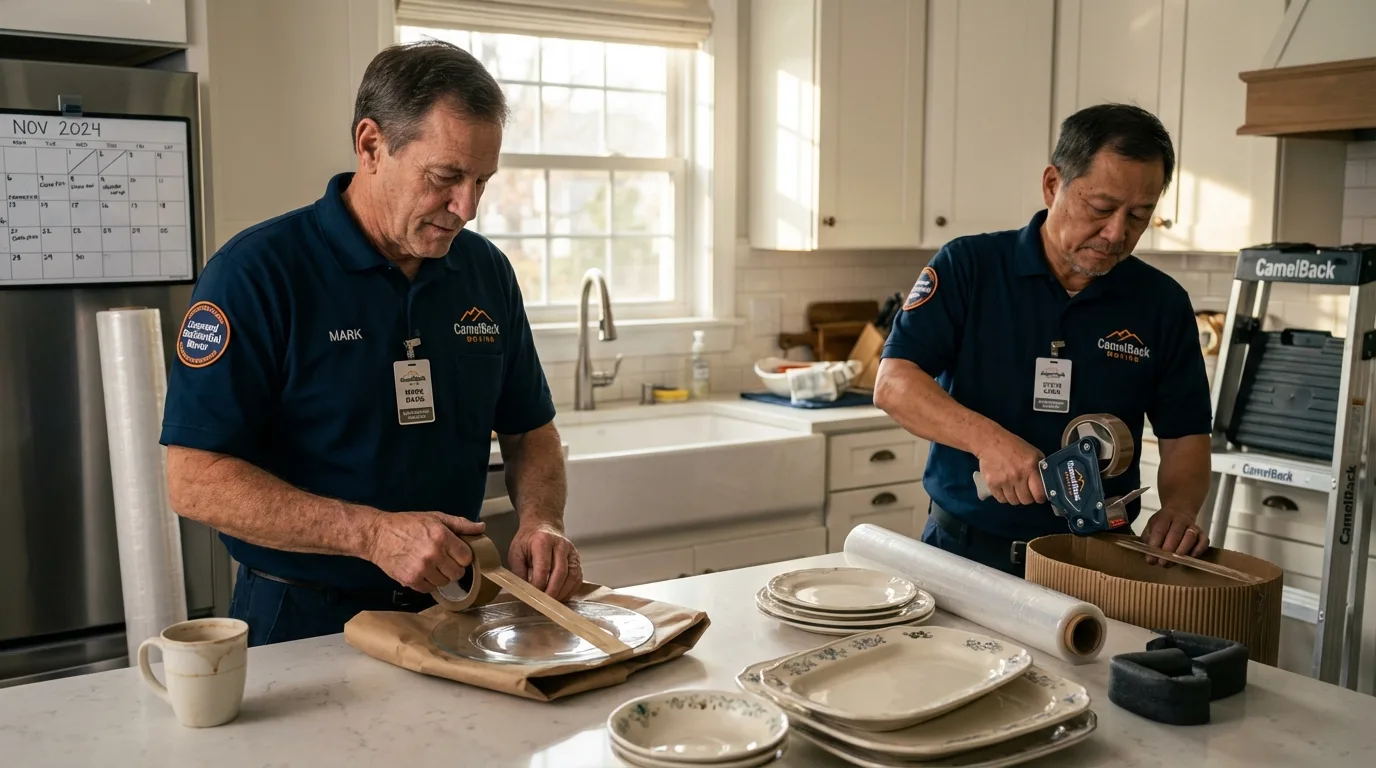 Professional crew packing kitchen dishware in Roanoke, IN